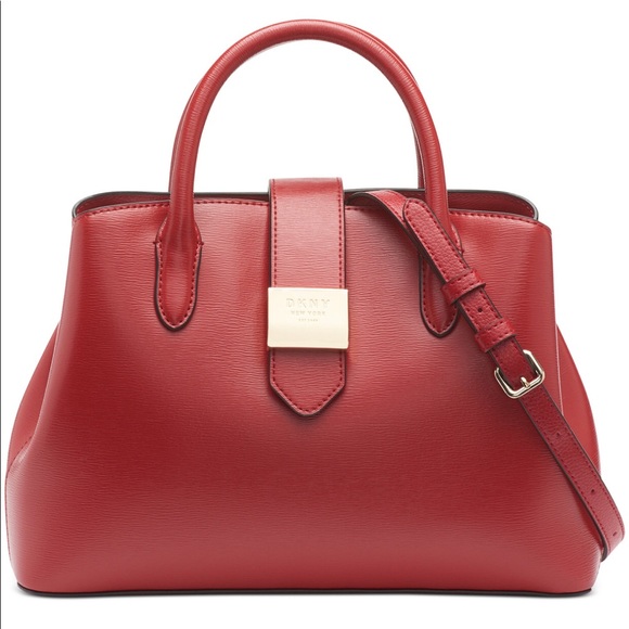 Dkny Handbags - DKNY Layla Center Zip Satchel. Bright Red/Gold.